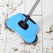 Aspiradora escoba manual azul 2 en 1, ecológica y versátil para limpieza multisuperficie del hogar.
