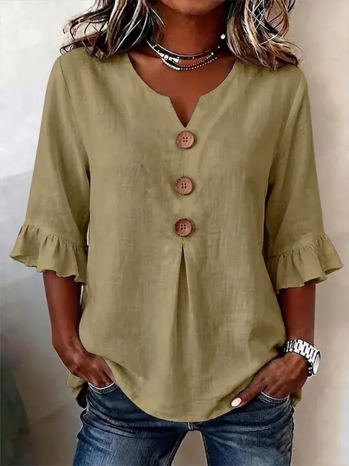 Camisa casual de mujer con cuello V y botones frontales, moda femenina para el día a día.