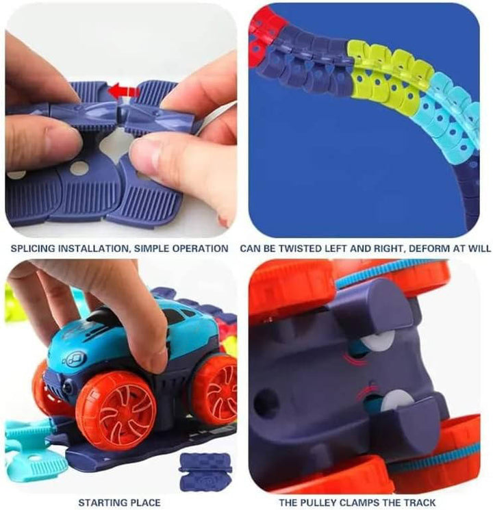 Juguete de pista de carreras flexible para niños pequeños. Fácil de montar, antigravedad y brillante.