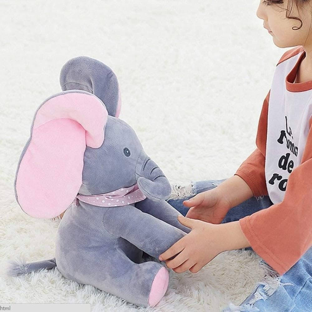 Elefante de peluche con funciones de habla y música para entretenimiento interactivo infantil.