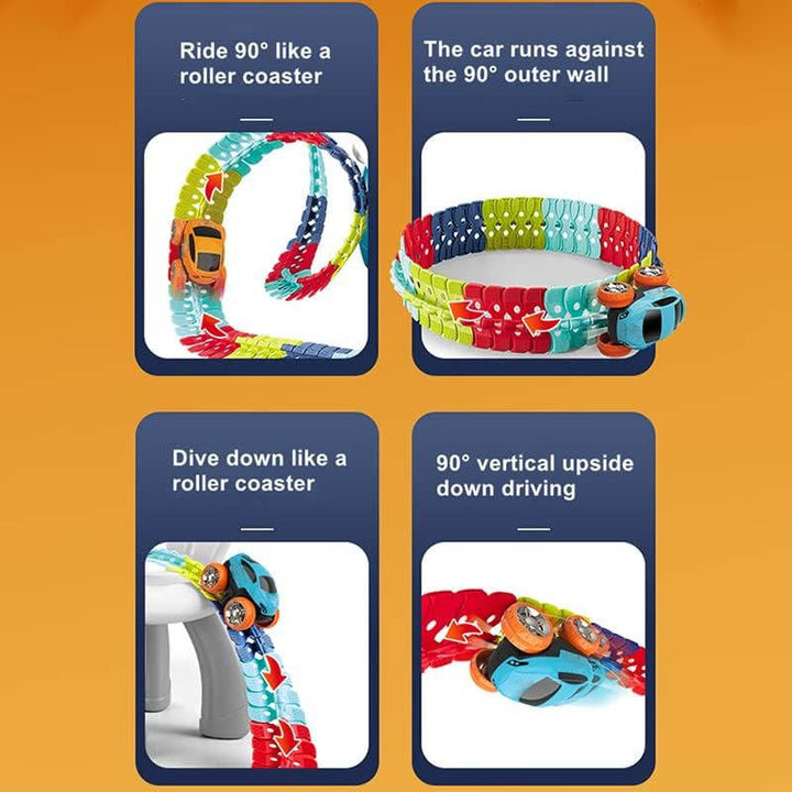 Pista de carreras flexible con coches de juguete, conectores y elementos que brillan. Juguete para niños.
