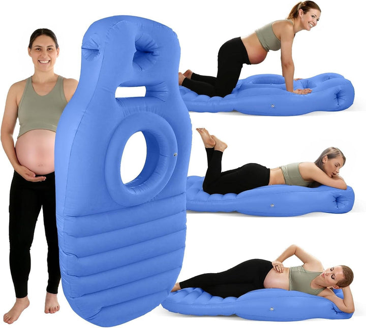 Almohada de embarazo azul para soporte abdominal y confort durante el sueño de maternidad.