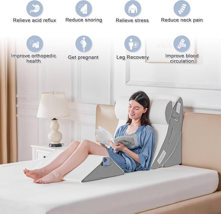 Set de almohadas en cuña ajustables, ideal para leer en cama o soporte lumbar y de espalda.