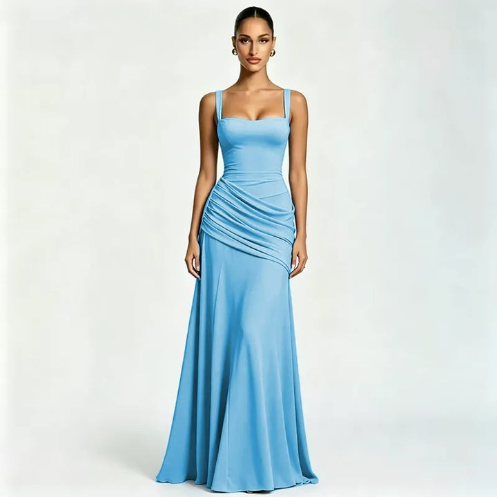Vestido maxi de fiesta para mujer, escote cuadrado, drapeado, sofisticado, ajustable y moderno.