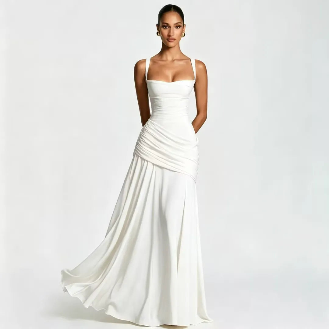 Vestido de moda maxi para mujer, escote cuadrado, drapeado, elegante para eventos de gala.