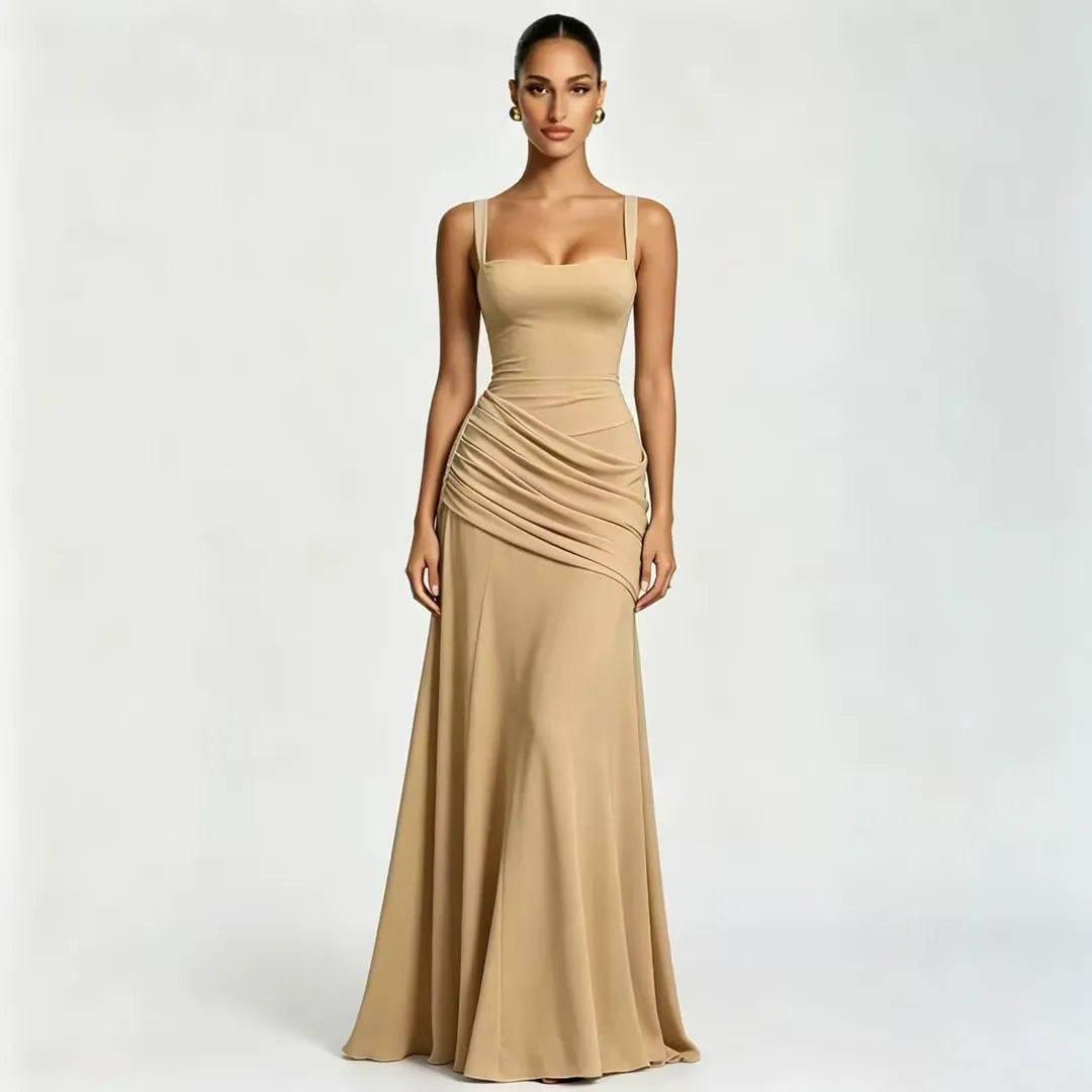 Vestido maxi elegante de mujer, escote cuadrado, drapeado, tirantes ajustables, ideal para noche.