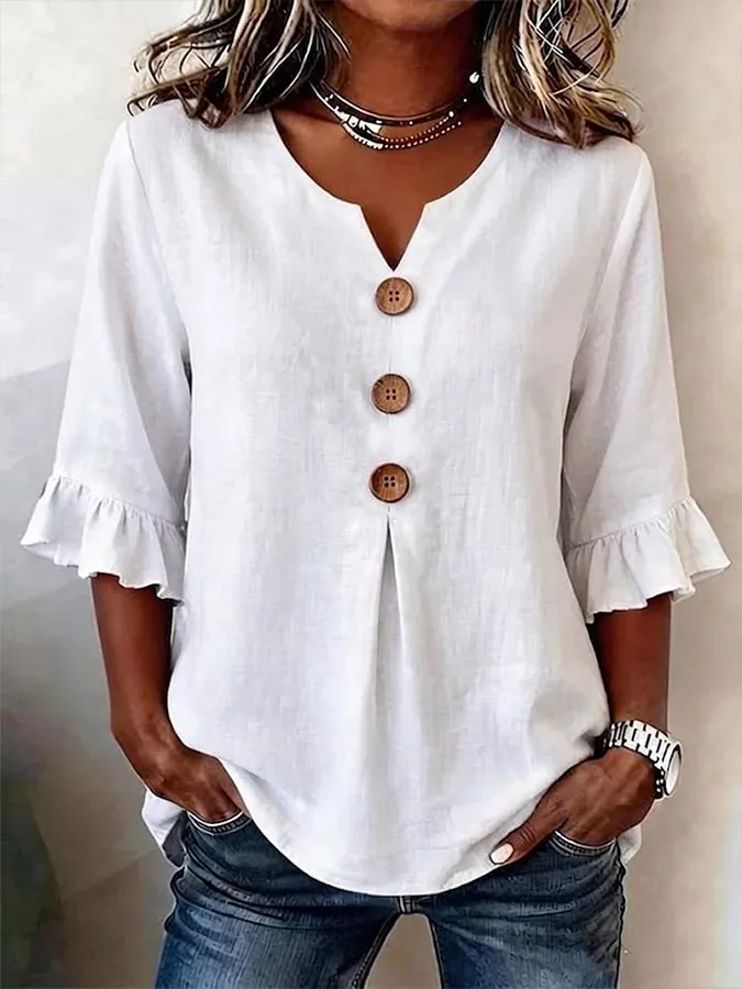 Camisa mujer fluida chic con cuello V y botones, ideal para un look casual y diario.