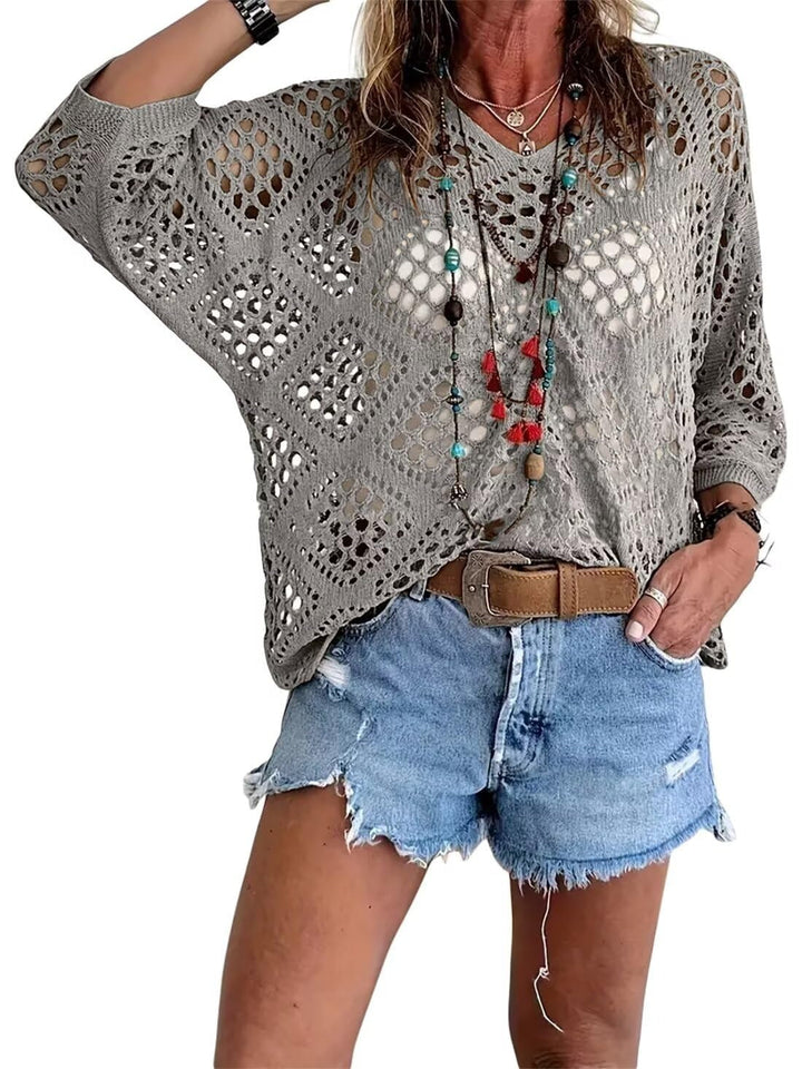 Top calado de crochet para mujer, estilo bohemio con escote V, perfecto para el calor del verano.