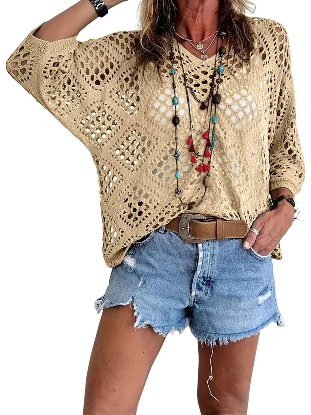 Top bohemio de crochet, blusa de mujer con escote V, versátil para playa o casual de verano.