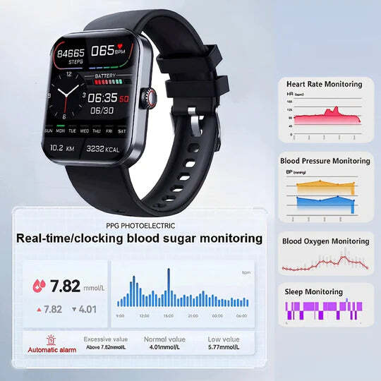 Controla tu glucosa y ritmo cardíaco con este smartwatch unisex. Seguimiento de actividad y bienestar diario.