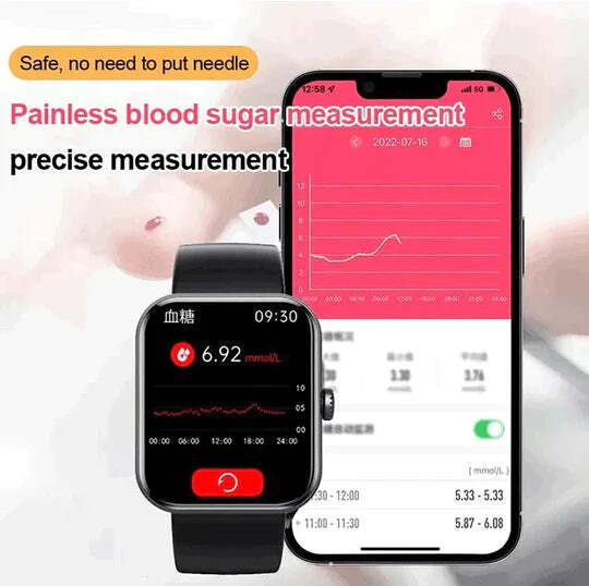 Reloj inteligente unisex resistente al agua. Monitor de glucosa sin agujas para tu salud y bienestar.