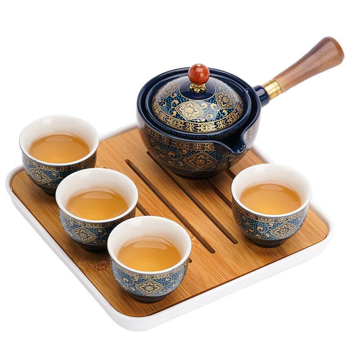 Tetera giratoria artesanal de cerámica para ceremonia del té Gongfu, juego de 5 piezas elegante en azul/caqui.
