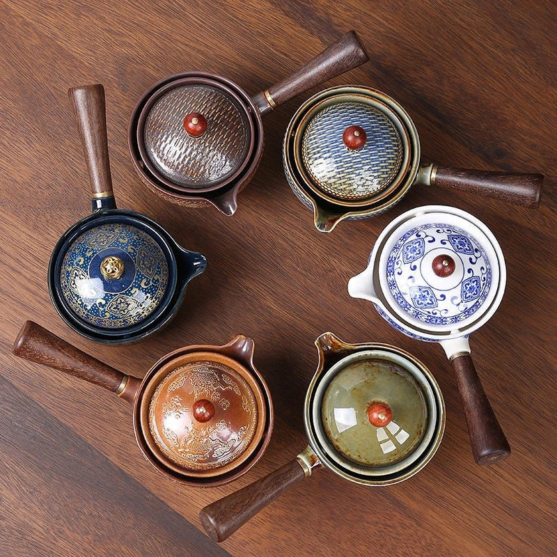 Juego de té de cerámica artesanal oriental, 5 piezas para té verde. Tetera giratoria azul y caqui, ideal regalo.