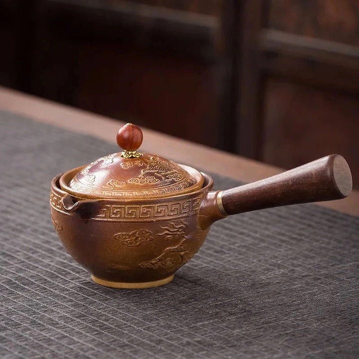 Regalo perfecto: juego de tetera giratoria oriental de cerámica azul y caqui, 5 piezas artesanales para amantes del té.
