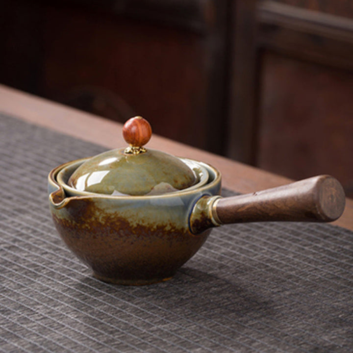 Juego de té oriental de cerámica artesanal para ceremonia Gongfu. Tetera giratoria de 5 piezas, perfecta para el hogar.