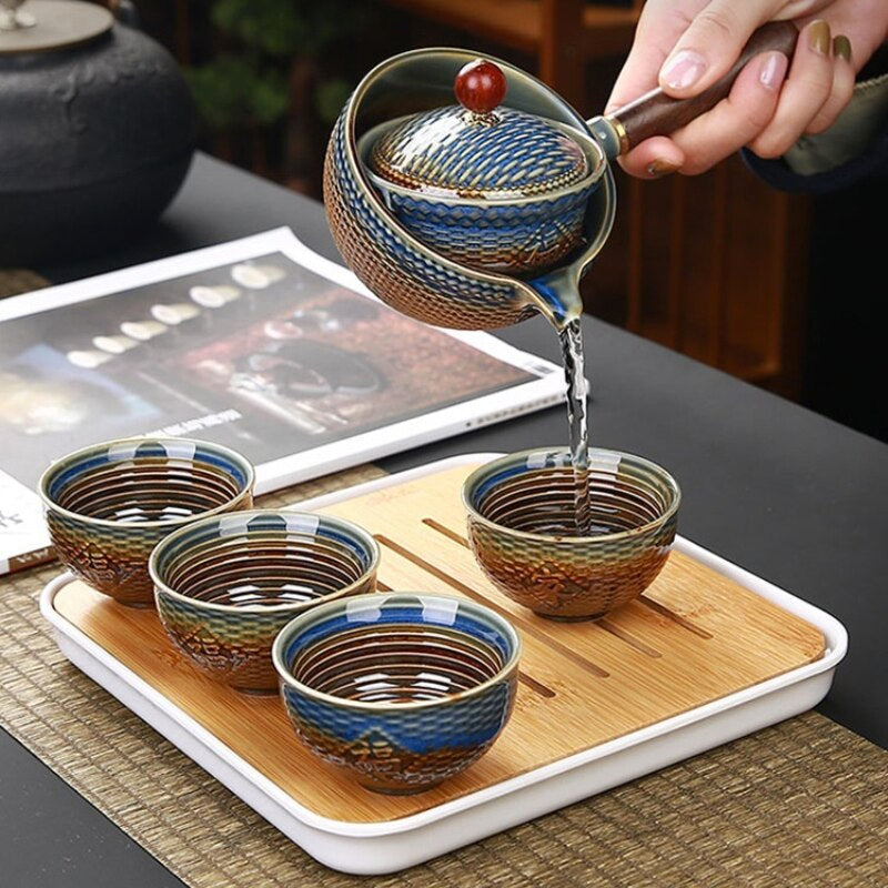 Juego de té oriental de cerámica azul y caqui con tetera giratoria, 5 piezas artesanales para ceremonia Gongfu.