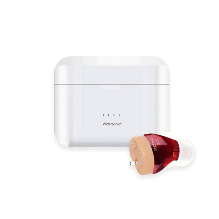 Discretos audífonos intrauriculares digitales recargables, ideales para el día a día.