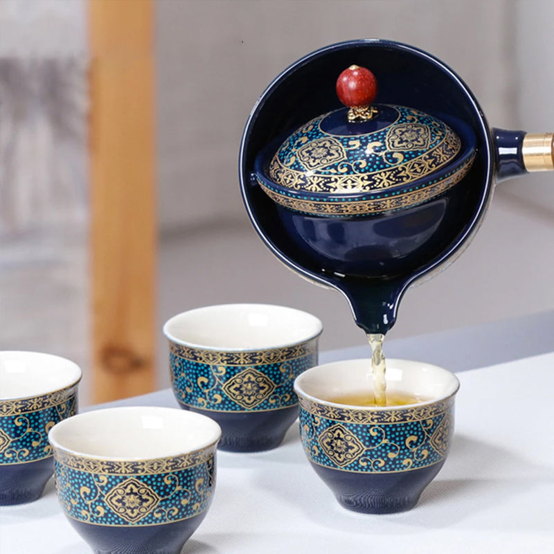 Elegante juego de tetera oriental de cerámica azul y caqui, 5 piezas. Ideal para el hogar y ceremonia del té.