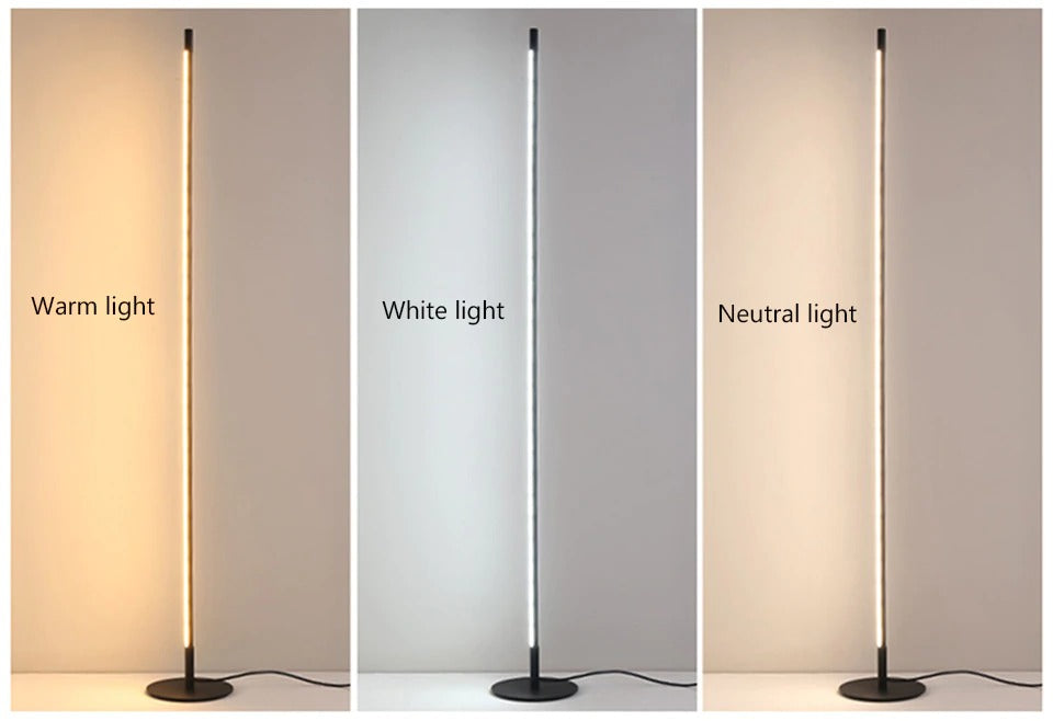 Lámpara de pie LED minimalista, tubo delgado de aluminio, base circular. Luz regulable, eficiencia energética para sala.