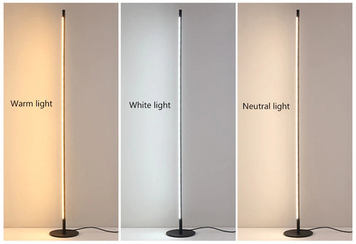 Lámpara de pie LED minimalista, tubo delgado de aluminio, base circular. Luz regulable, eficiencia energética para sala.