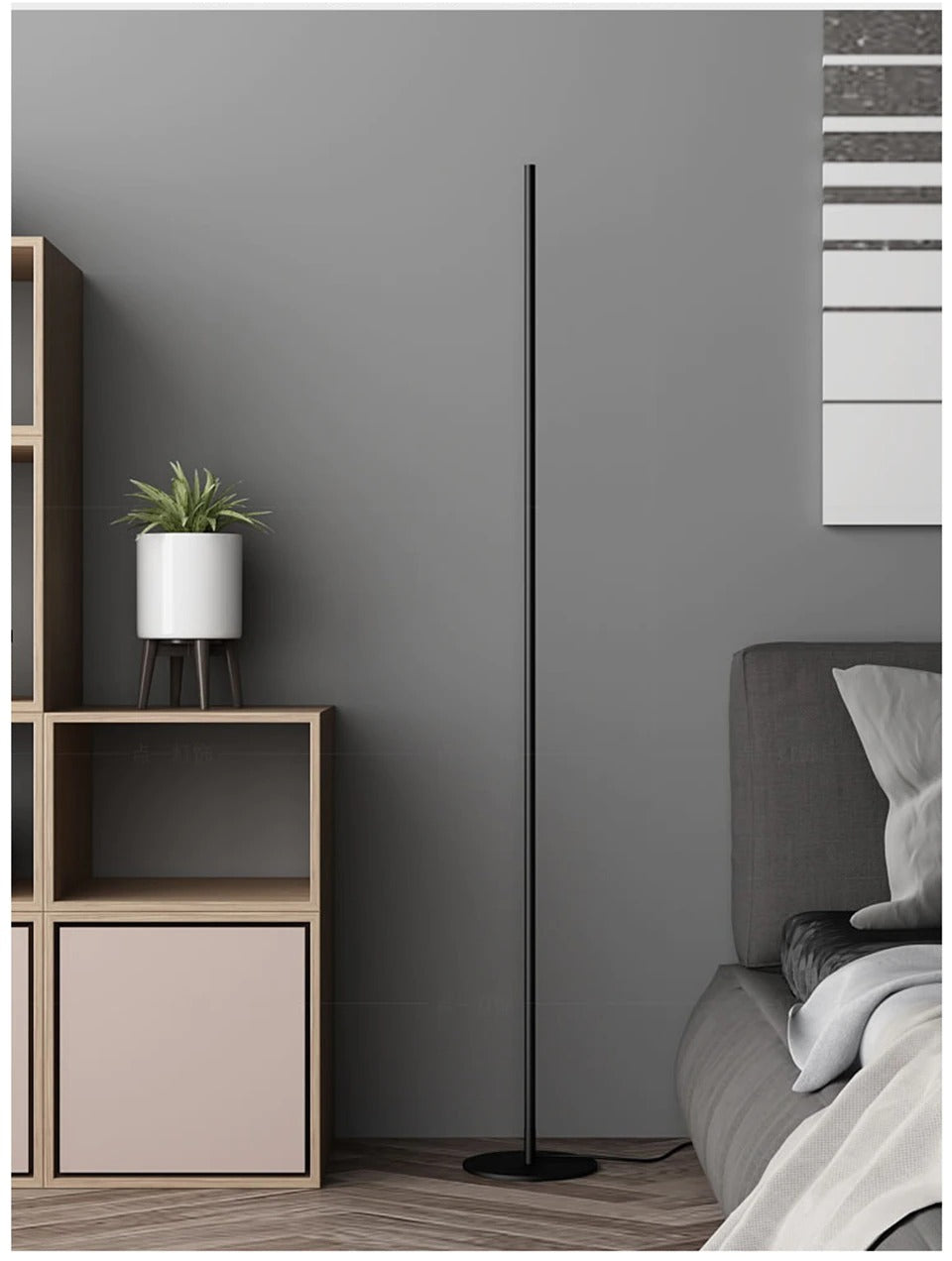 Luz LED de alta eficiencia en lámpara de pie minimalista, tubo delgado de aluminio para sala, dormitorio o estudio.