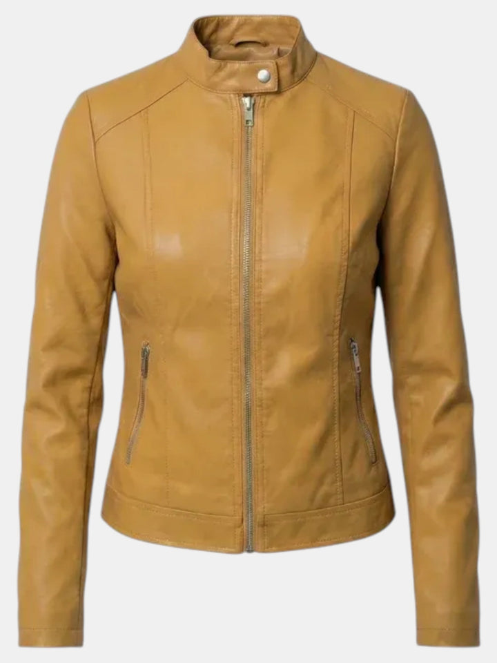 Chaqueta femenina entallada, con cuello mao y cremallera, perfecta para un look casual diario.
