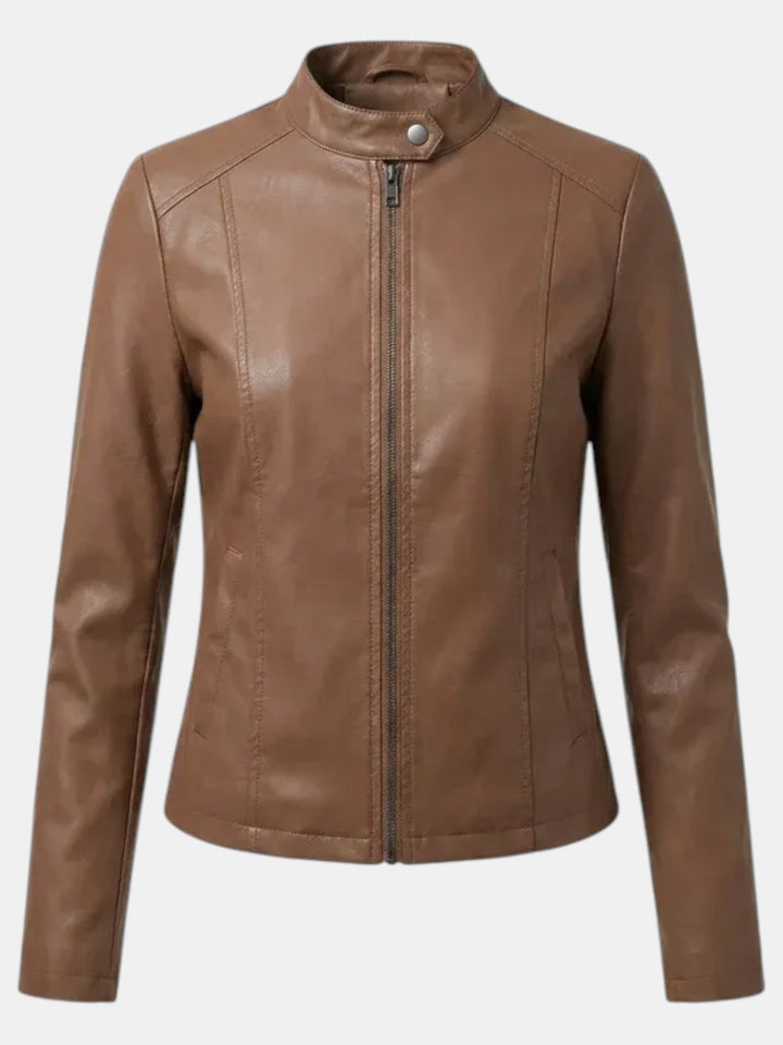 Moda mujer: Chaqueta entallada con cuello mao y cremallera, abrigo ligero para entretiempo.