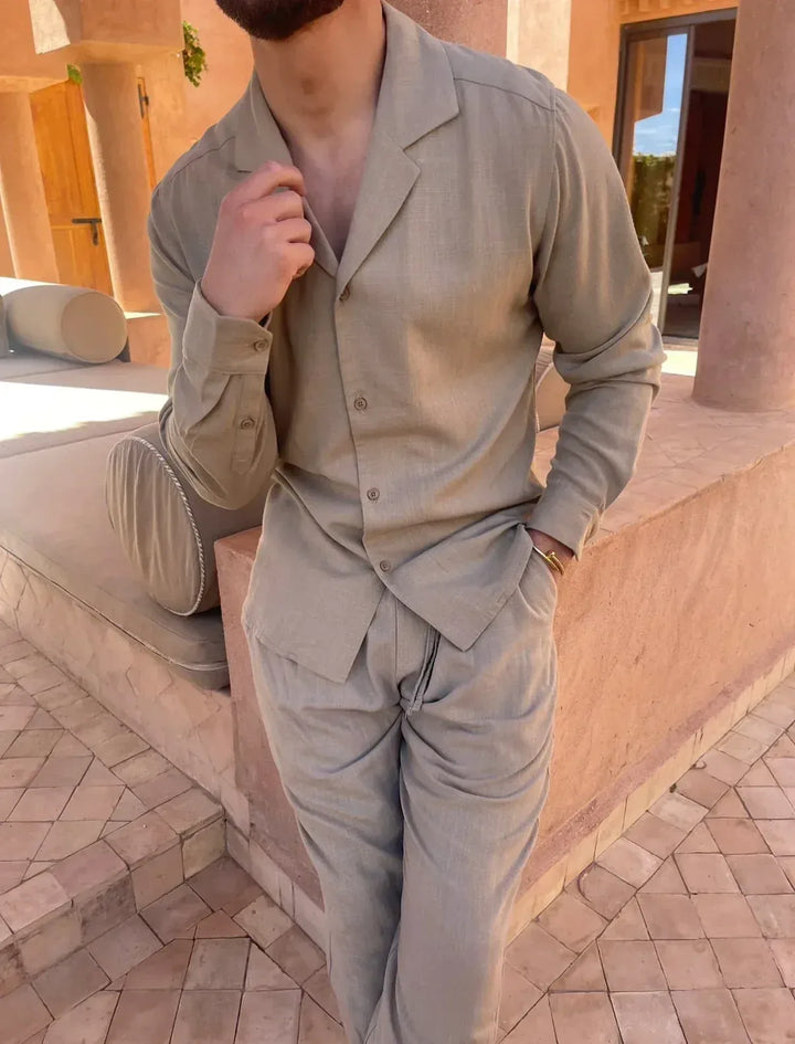 Ropa de lino transpirable para hombre: conjunto de camisa y pantalón, perfecto para un estilo relajado.