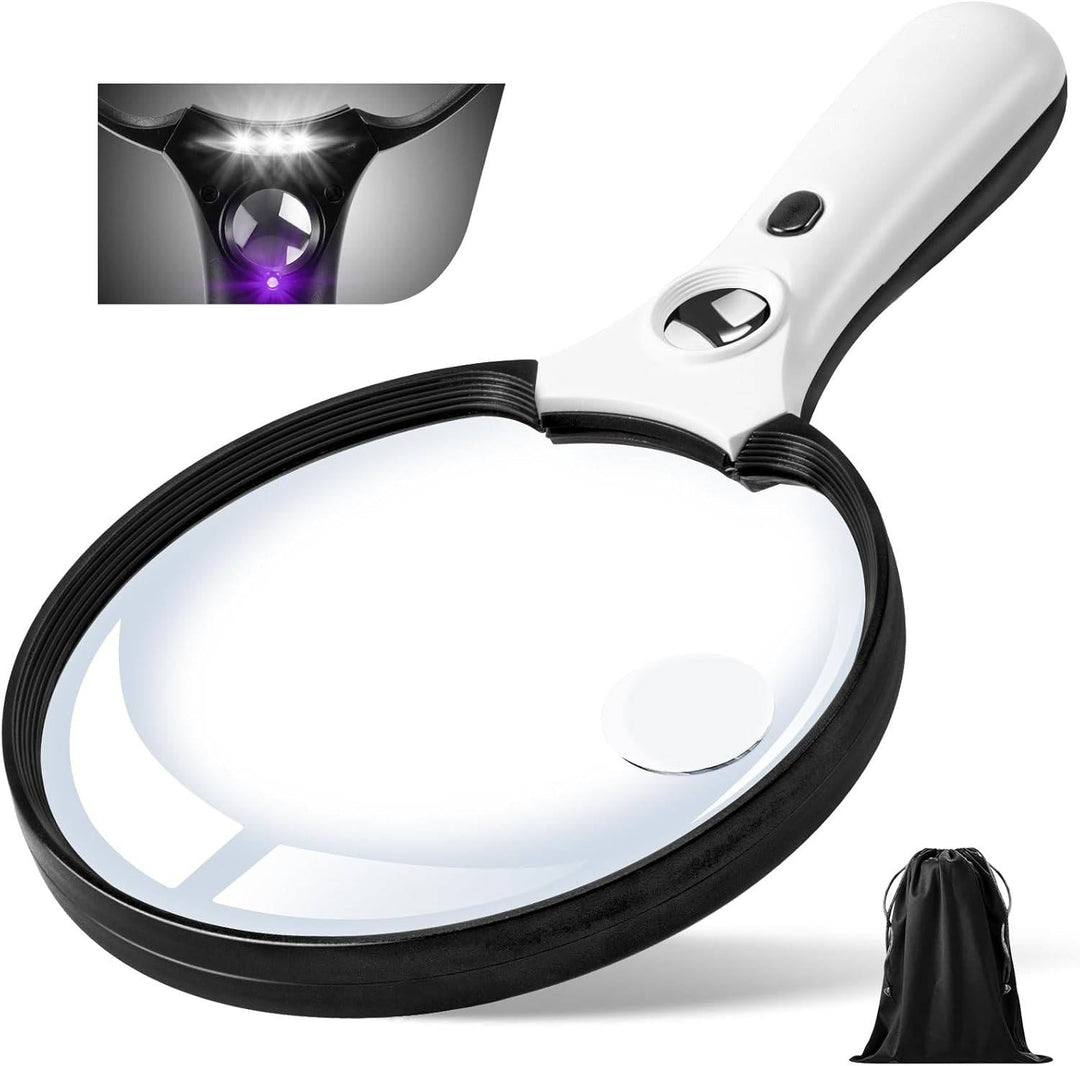 Lupa grande portátil con luz LED para lectura, manualidades y hobbies. Aumento claro para visión detallada.