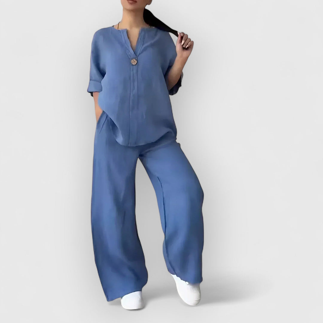 Ropa de mujer transpirable: conjunto de túnica holgada y pantalón ancho. Dos piezas cómodas y versátiles.