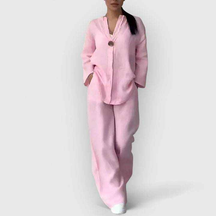 Túnica larga y pantalón ancho. Conjunto de mujer, dos piezas elegantes y transpirables para el verano.