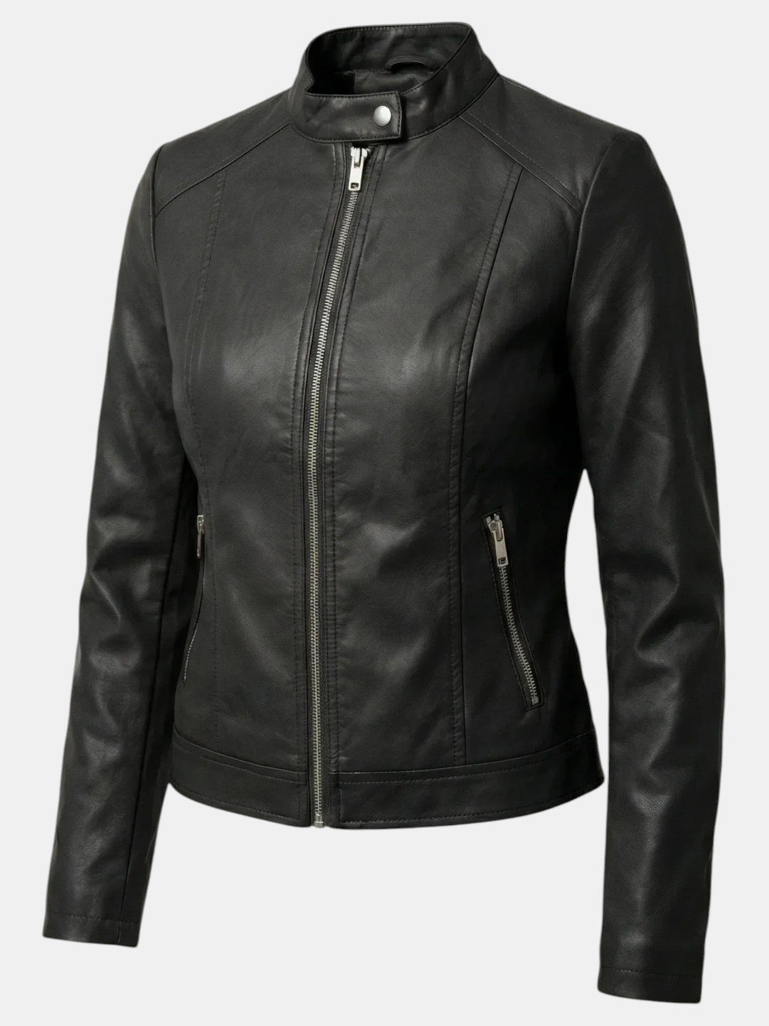 Chaqueta entallada de mujer con cuello mao y cremallera, diseñada para un estilo urbano y cómodo.