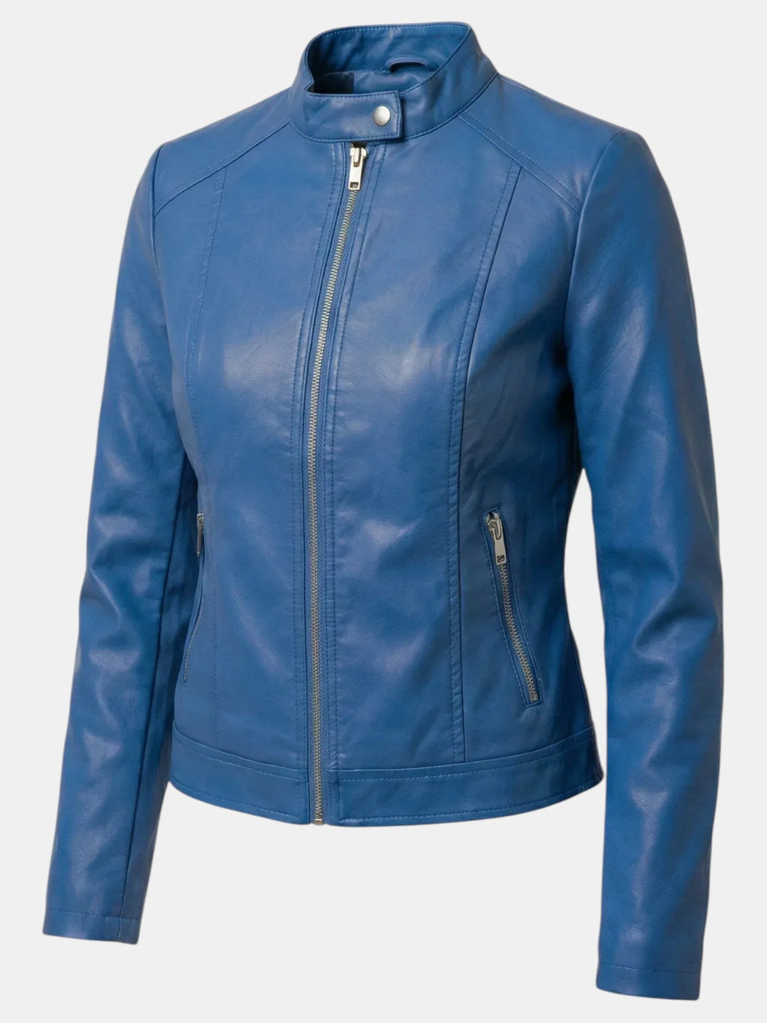 Chaqueta entallada de mujer con cremallera y cuello mao, un diseño de moda para el día a día.