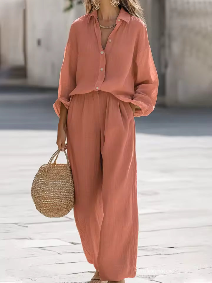 Conjunto de dos piezas para mujer: pantalón ancho de algodón y camisa fluida, perfecto para estilo casual chic.