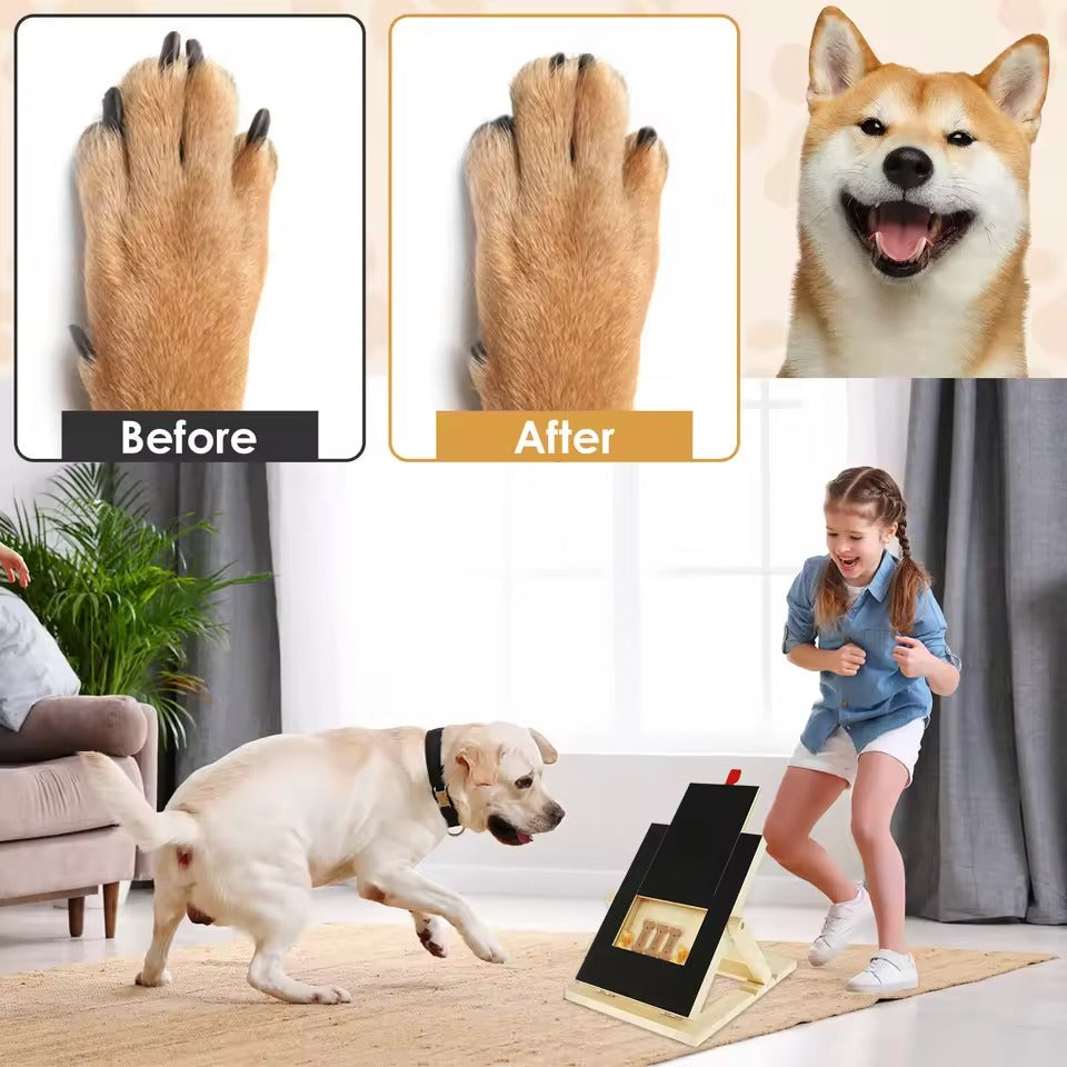 Rascador de uñas para perros. Juguete interactivo de madera que dispensa premios. Fomenta el cuidado y adiestramiento.