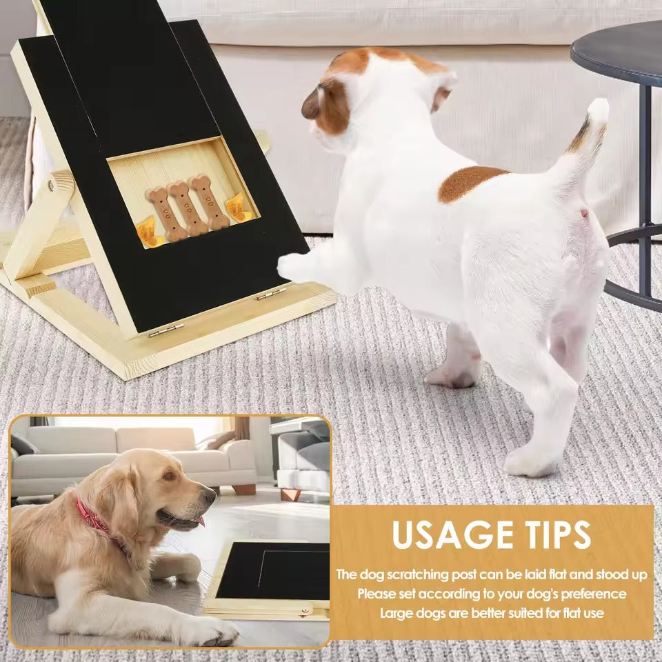 Tabla rascadora de madera para perros, ideal para el cuidado de uñas. Incluye dispensador de golosinas interactivo.