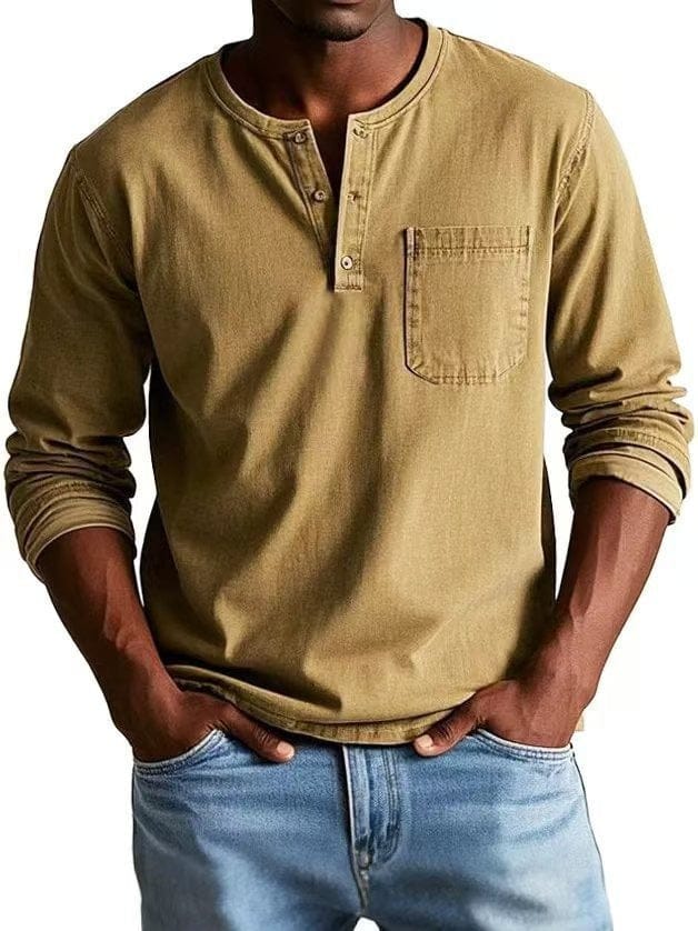 Camiseta de hombre Henley, color sólido, con bolsillo en el pecho. Estilo casual y moderno para el verano.