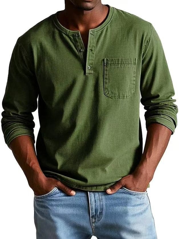 Camiseta de algodón para hombre, cuello Henley, bolsillo en el pecho. Ropa casual de verano, muy cómoda.