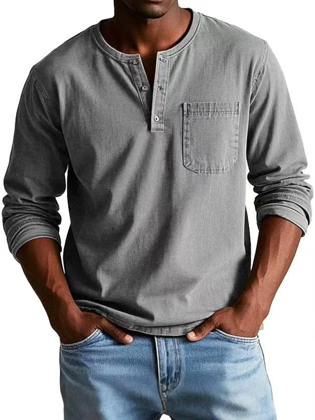Ropa versátil: camiseta casual Henley para hombre con bolsillo en el pecho. Perfecta para un look relajado.