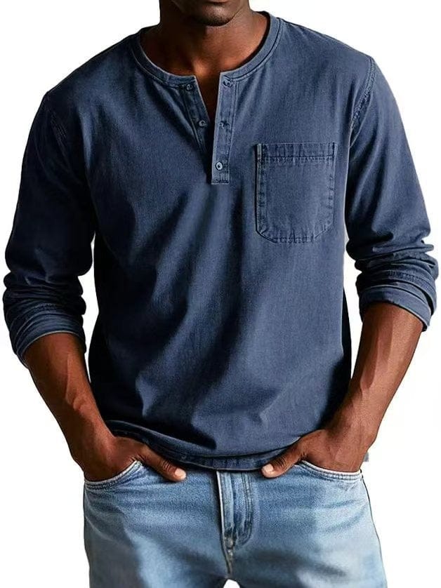 Camisa cómoda de manga corta para hombre, cuello Henley con botones y bolsillo. Moda masculina casual.