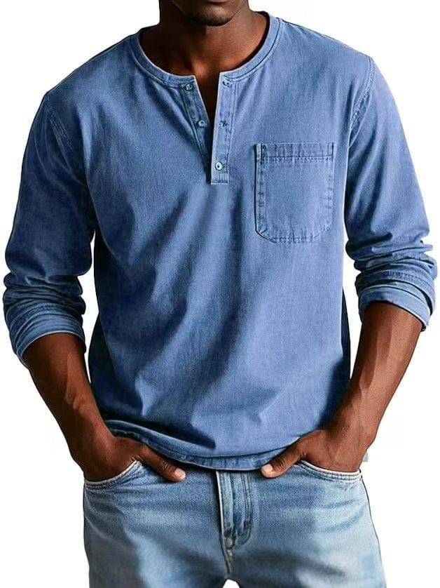 Camiseta Henley casual para hombre, manga corta, con bolsillo en el pecho. Estilo relajado y cómodo.