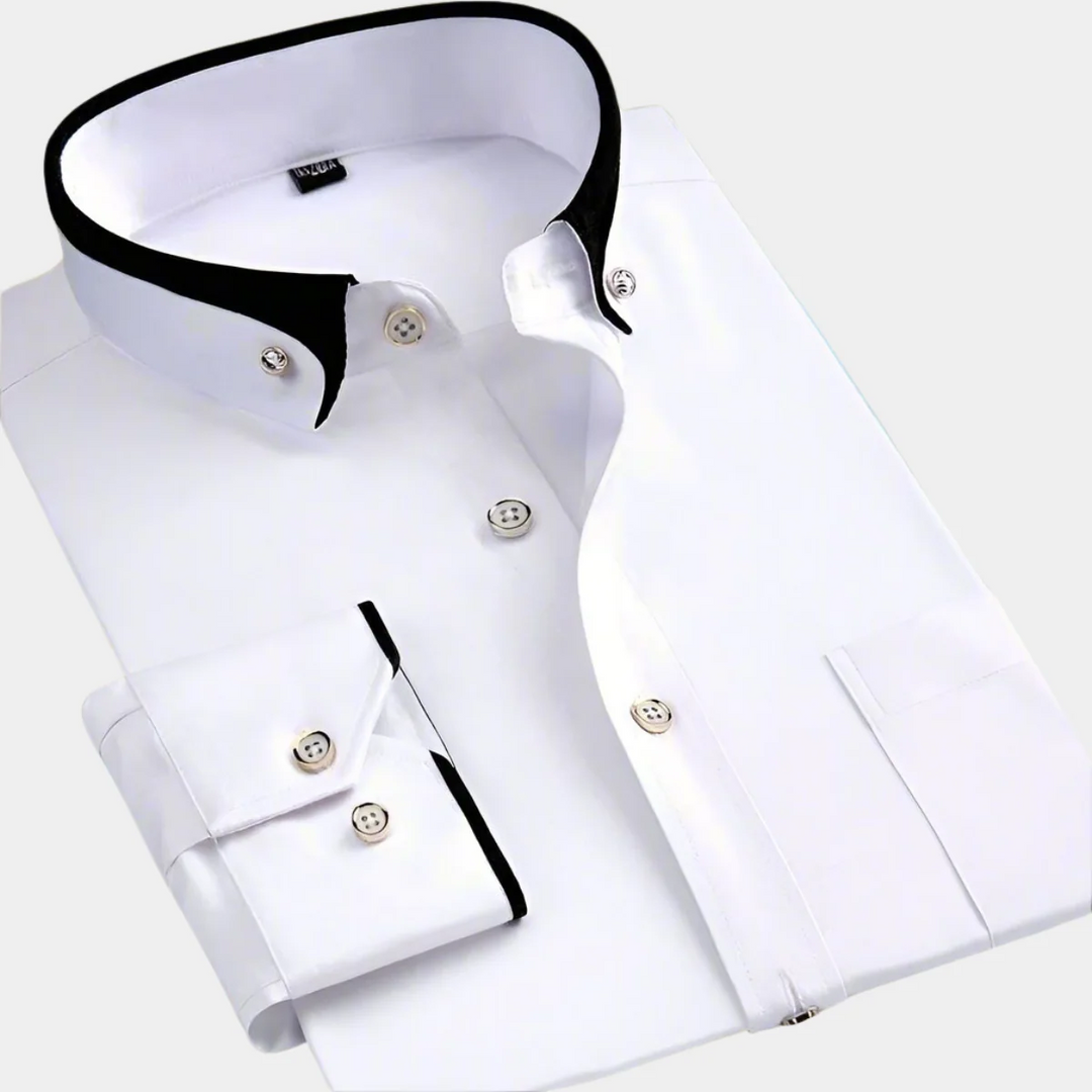 Detalle de camisa de hombre clásica de algodón con cuello elegante y mangas largas. Confort y estilo atemporal.