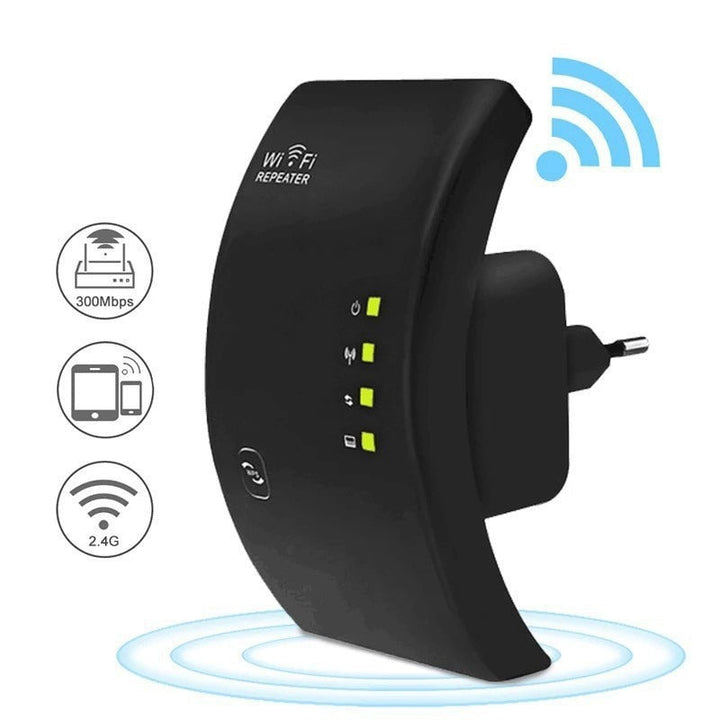 Repetidor WiFi conectado al router, expandiendo la señal para internet rápido en todo el hogar.