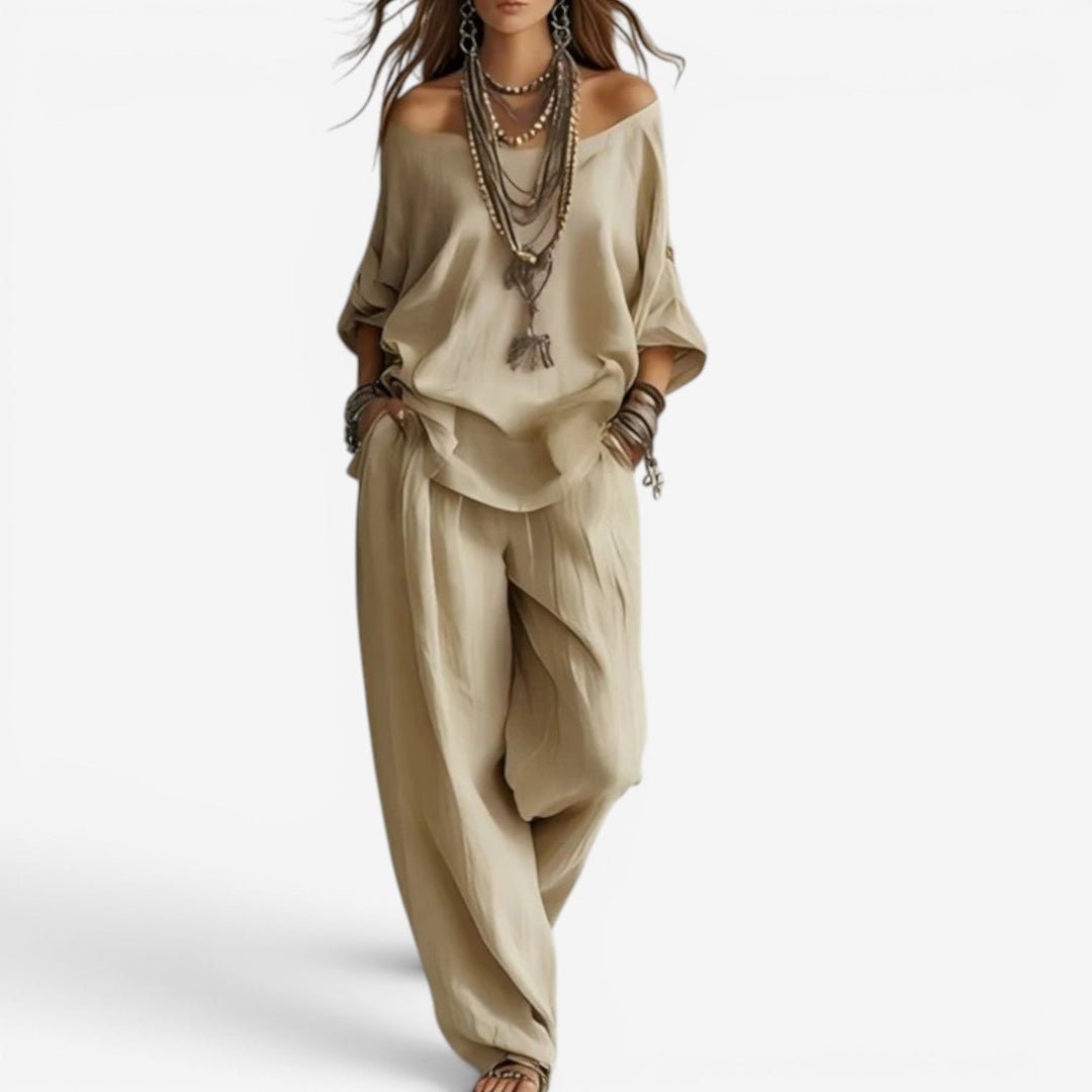 Conjunto de verano bohemio fluido para mujer. Estilo relajado y chic, ideal para vacaciones, playa o look casual elegante.