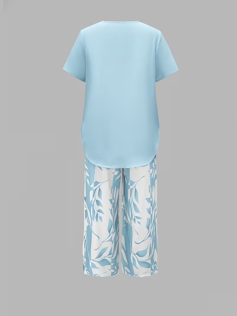 Ropa de moda para mujer, conjunto con estampado de hojas tropicales, dos piezas, casual.