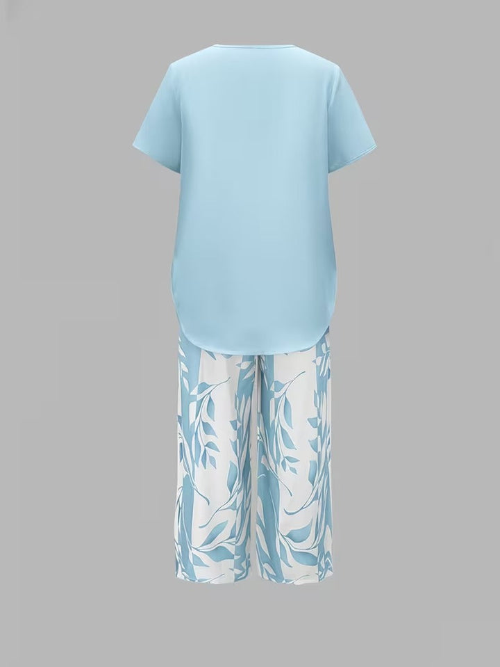 Ropa de moda para mujer, conjunto con estampado de hojas tropicales, dos piezas, casual.
