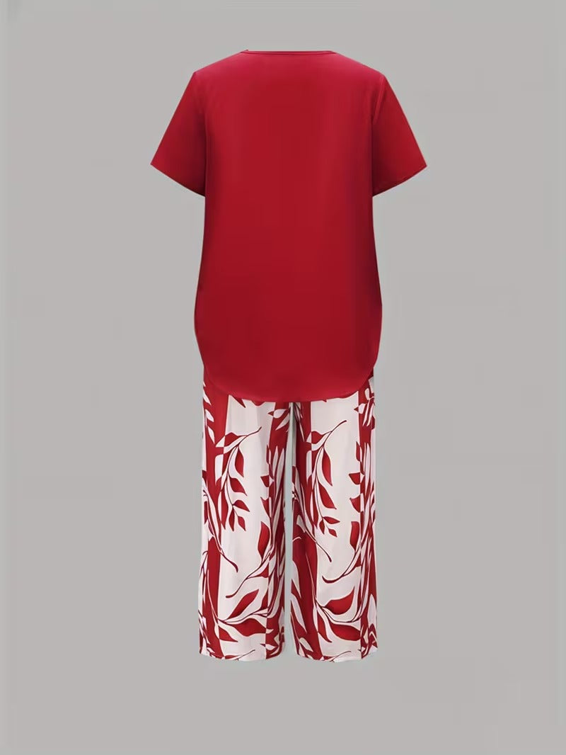 Moda de verano: conjunto floral de dos piezas para mujer, estampado de hojas, estilo fresco.