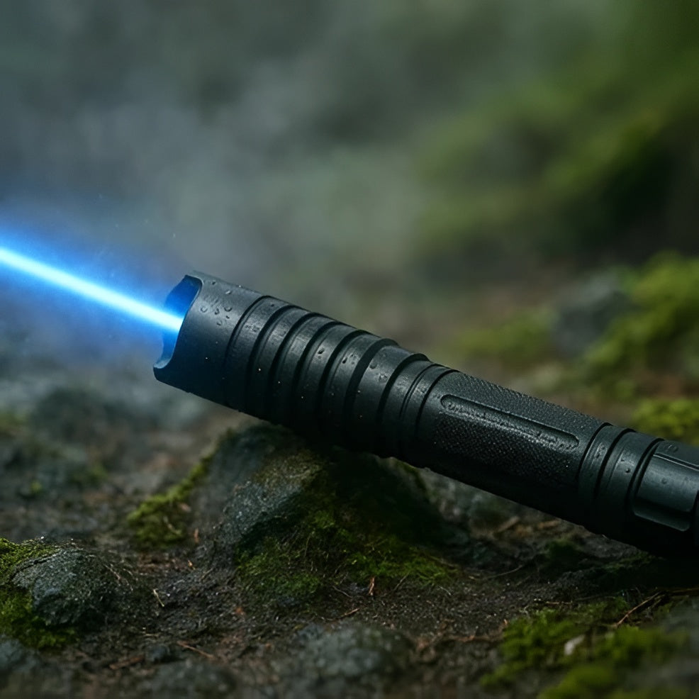 Antorcha láser táctica de supervivencia. Haz potente y encendedor de fuego. Perfecta para camping y emergencias.