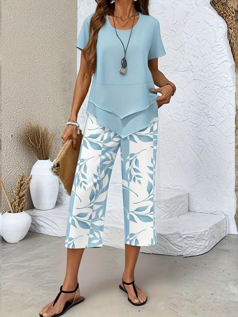 Conjunto casual de primavera para mujer, dos piezas con diseño de hojas verdes.