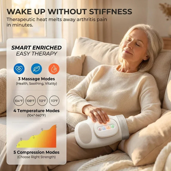 Masajeador de manos ergonómico, blanco, con pantalla LCD, calefacción y compresión de aire.